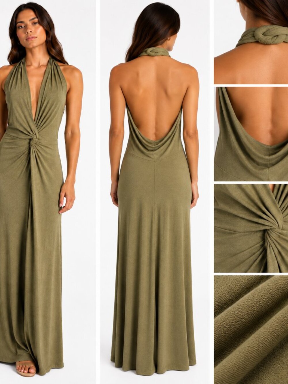 Significant Other Olive Halter Maxi Dress Knot Front Open Back Resort Boho Sz 8